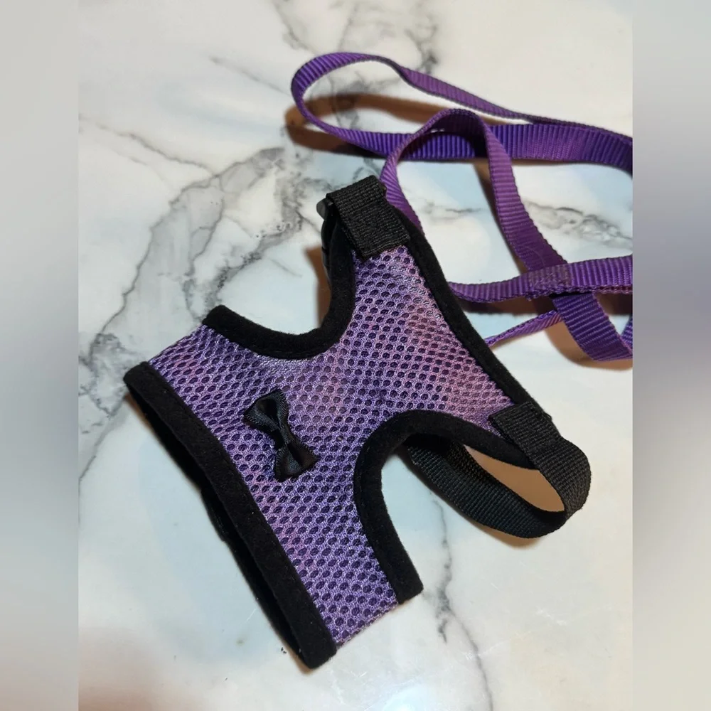4/$15 Purple Mesh with Black Bow Pet Harness with Leash Size Small